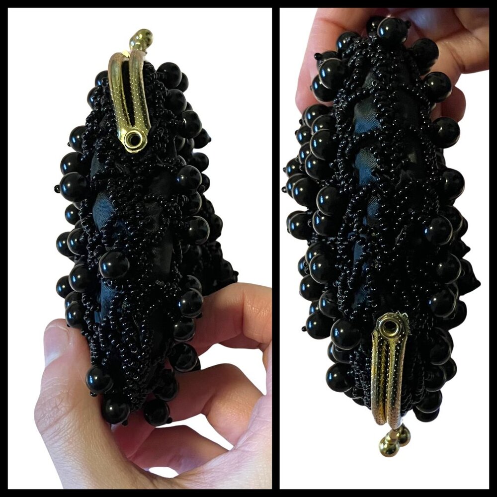 Vintage 60s Black Beaded Coin Purse Handmade Hong Kong Evening Bag Retro Mod MCM - Picture 4 of 7